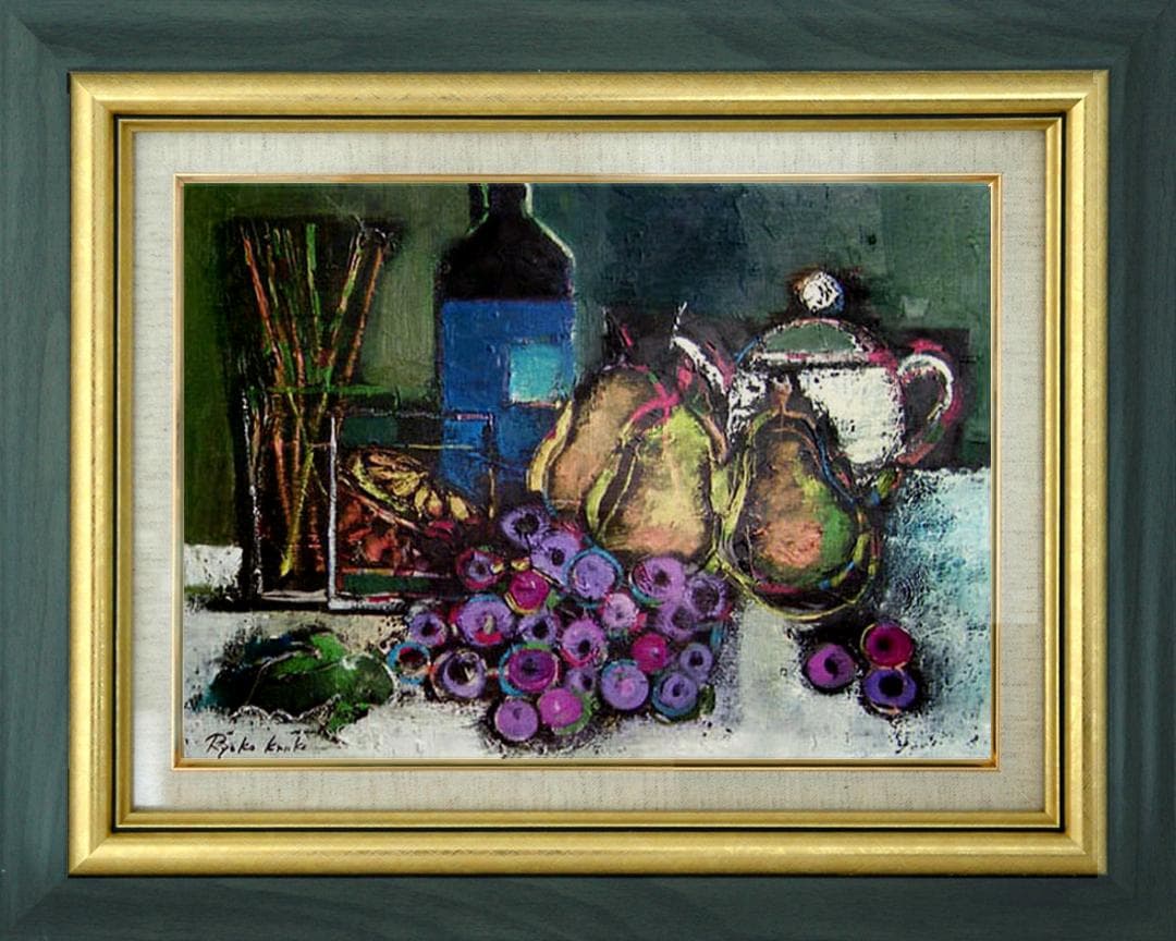 油絵 絵 絵画インテリア 額付(黒) uF6-061504 果物 ワインポット