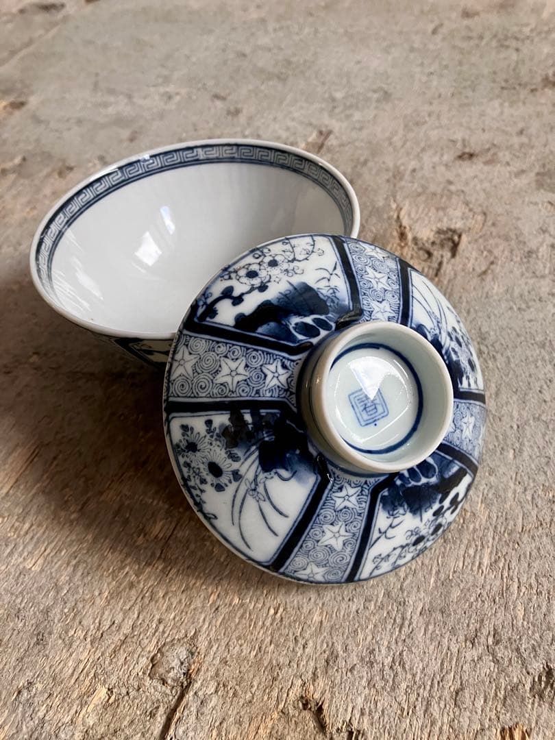 ✓古伊万里/蓋付き椀18客/染付山水画/骨董/磁器