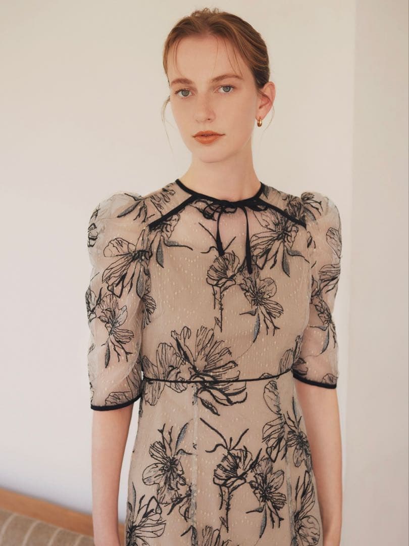 花柄リボンパフスリーブマーメイドワンピースドレス結婚式二次会成人式