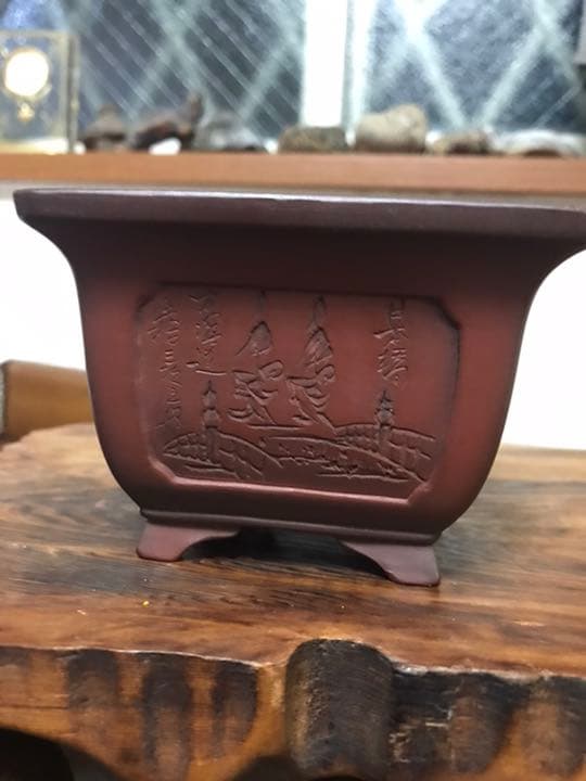 盆栽鉢　時代抜群美品　美芸　正方釘彫ミニ盆栽鉢山野草9.5x6.5cm