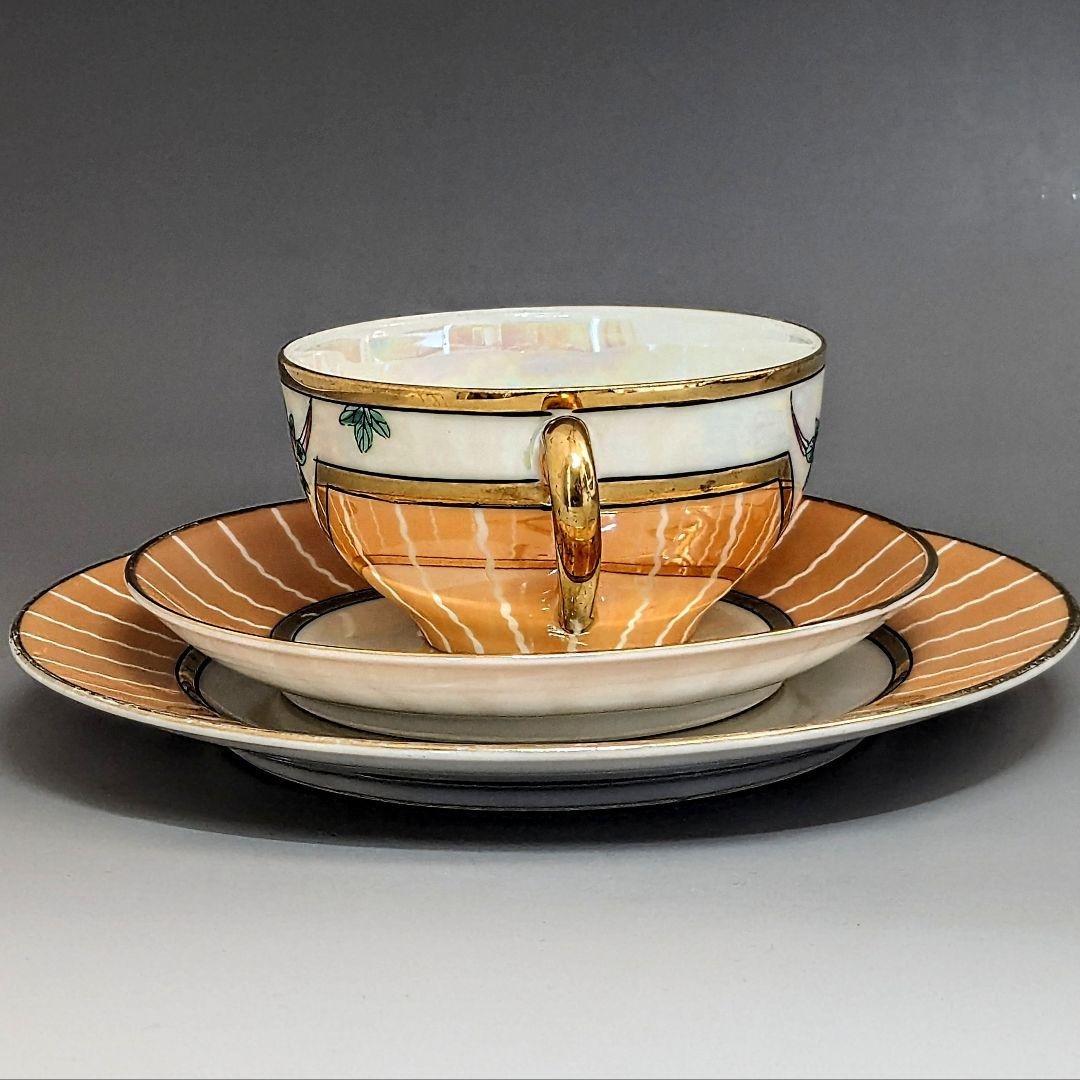 オールドノリタケ アールデコ期大銘品！金彩虹ラスター花籠絵図