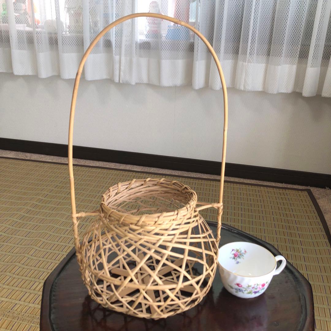 鳥越の竹細工 花籠 ツル付き 茶道具 鈴竹 高さ約41㎝ 未使用保管品