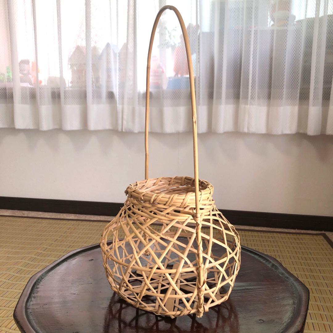 鳥越の竹細工 花籠 ツル付き 茶道具 鈴竹 高さ約41㎝ 未使用保管品