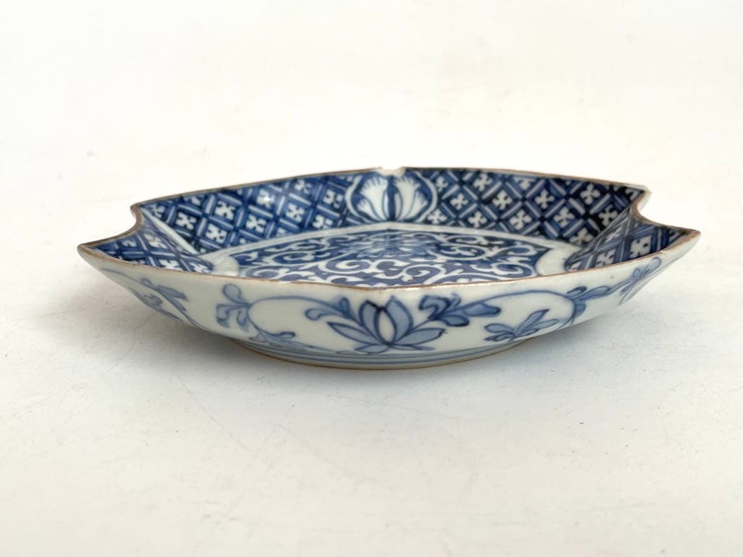 骨董 アンティーク 古伊万里 菱形 染付 逆唐草文様 変形皿 小皿 角福