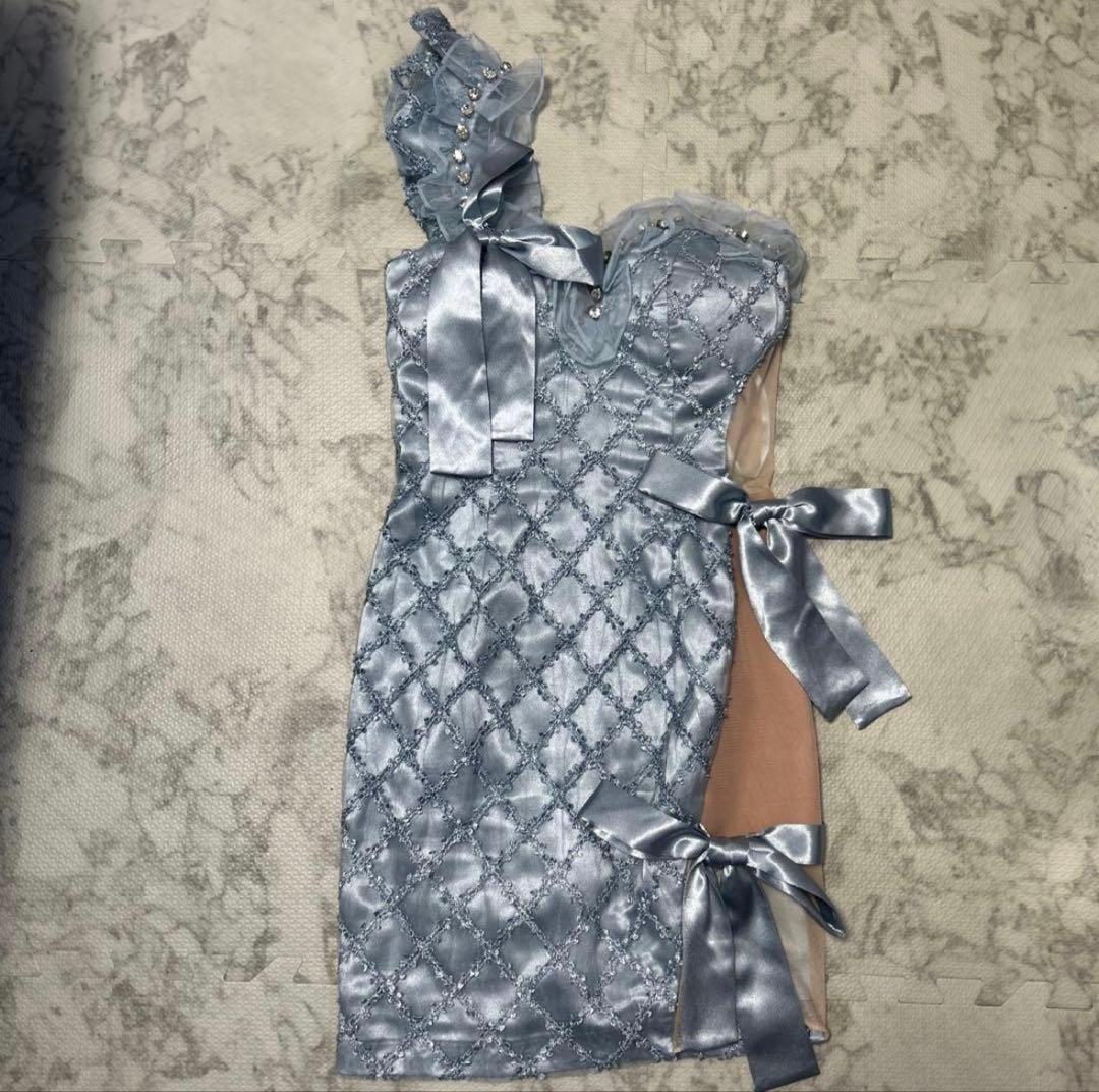 ROBE de FLEURS ブルー M リボンワンショルダータイトドレス