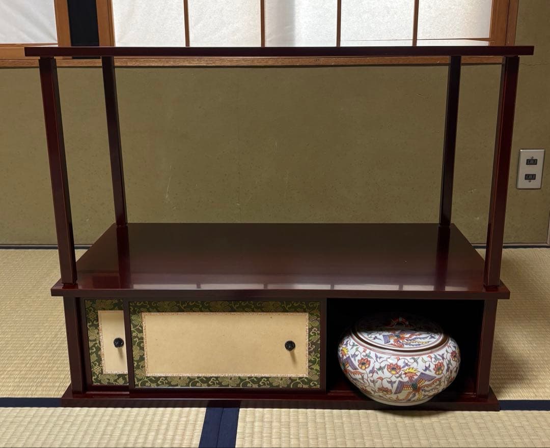 【中古品】平安光入造　組立式　紹鴎棚　平安景雲造　赤絵鳳凰唐草文水指（共箱） 茶道具 棚（たな） 紹鴎水指棚 紹鴎好写 戸塚 富悦