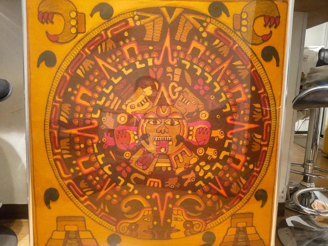 レトロ☆メキシコ製品 当時物 世界遺産 マヤ文明 太陽の石 刺繍 装飾品