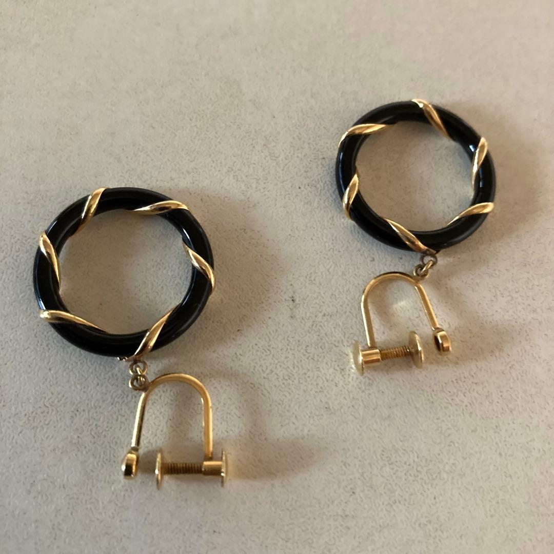 K18 ピアス　オニキス　ネジ式　直径約 2cm 3.0g