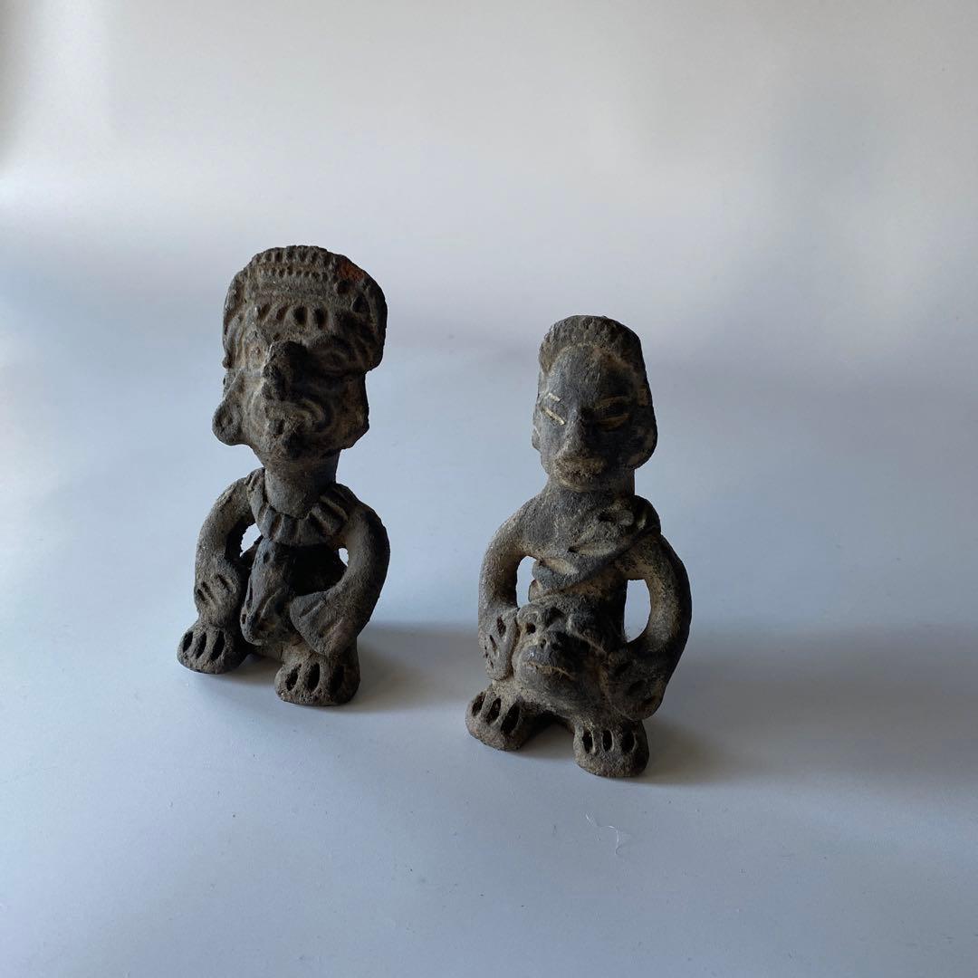メキシコ 土製人物像 一対 プリミティブアート 中米系 土偶 人物像 ペア アステカ マヤ文明 土偶 戦士の像 プリミティブアート 彩文土偶
