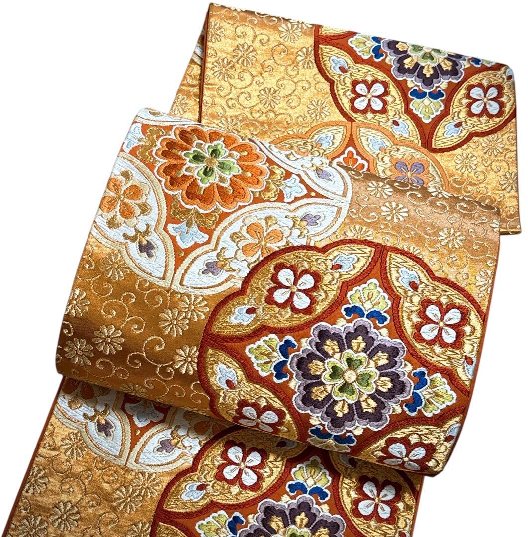 AA1袋帯 六通唐織華文柄 河合美術織物 金糸 八宝花 正絹 着物 - メルカリ