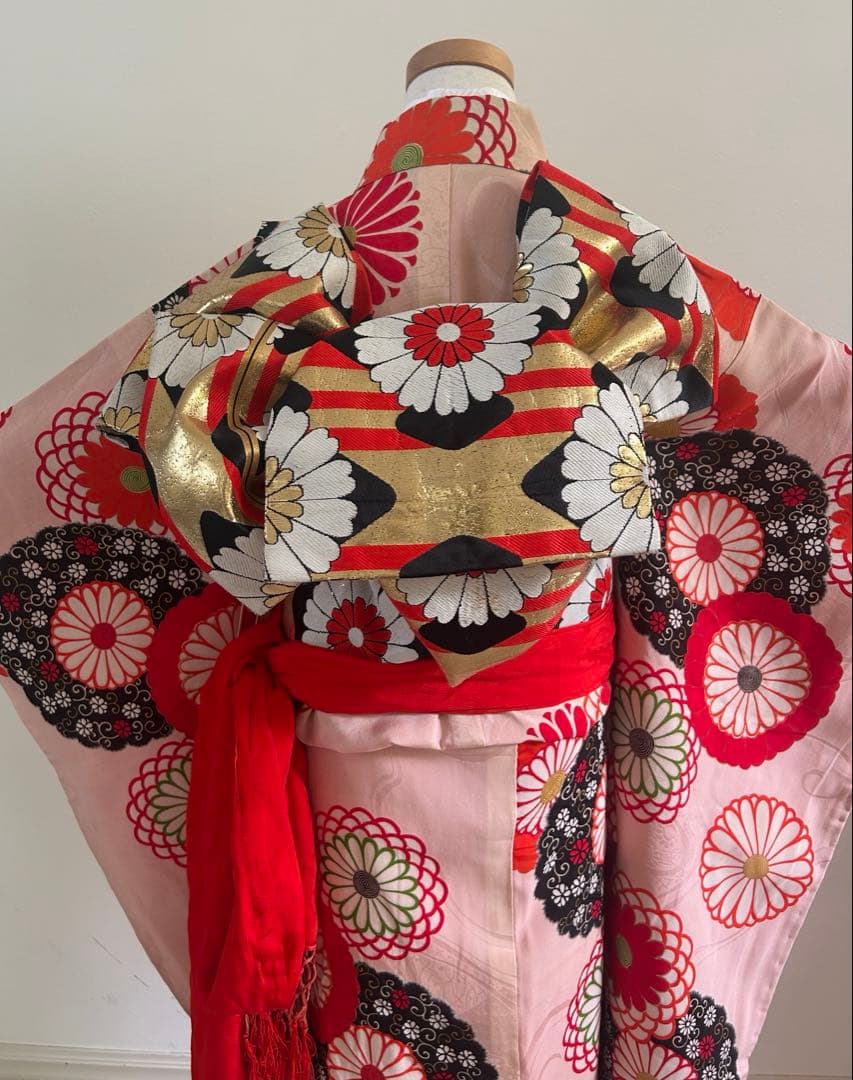 7歳　七五三　ハーフ成人式　アンティーク正絹着物、帯、帯揚げ、帯締め　しごき