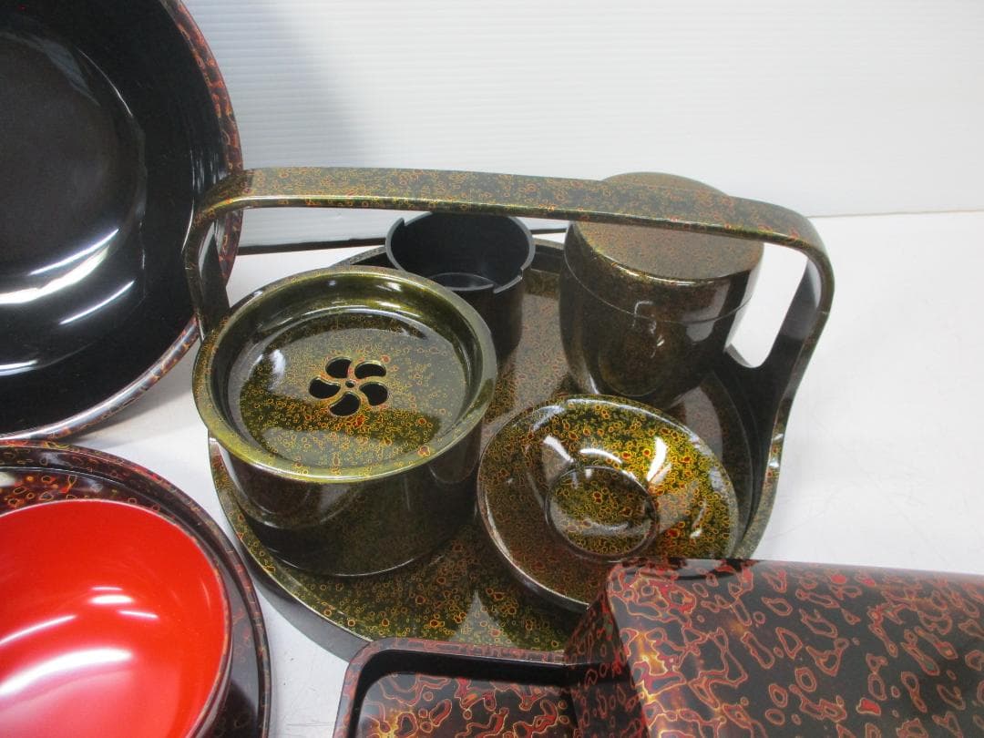 津軽塗 漆器まとめて 唐塗/七々子塗 重箱/硯箱/丸盆/菓子器/夫婦碗他
