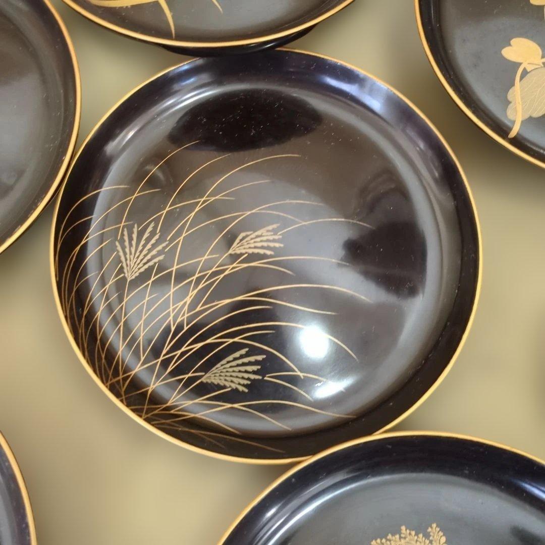 骨董 木皿 蒔絵 図変わり 草花 漆器 金彩 盆 丸盆 7枚 菊蒔絵丸