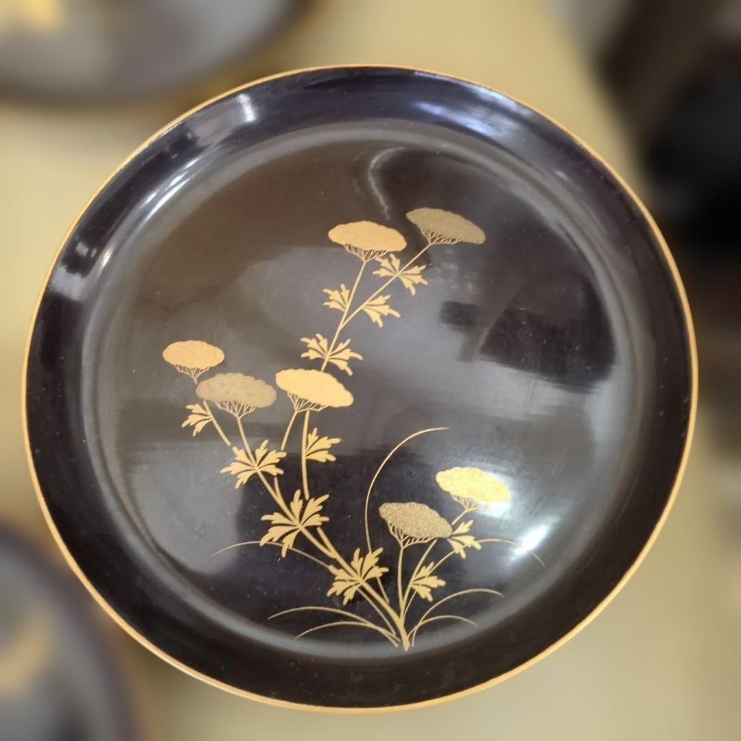 骨董　木皿　蒔絵　図変わり　草花　漆器　金彩　盆　丸盆　7枚