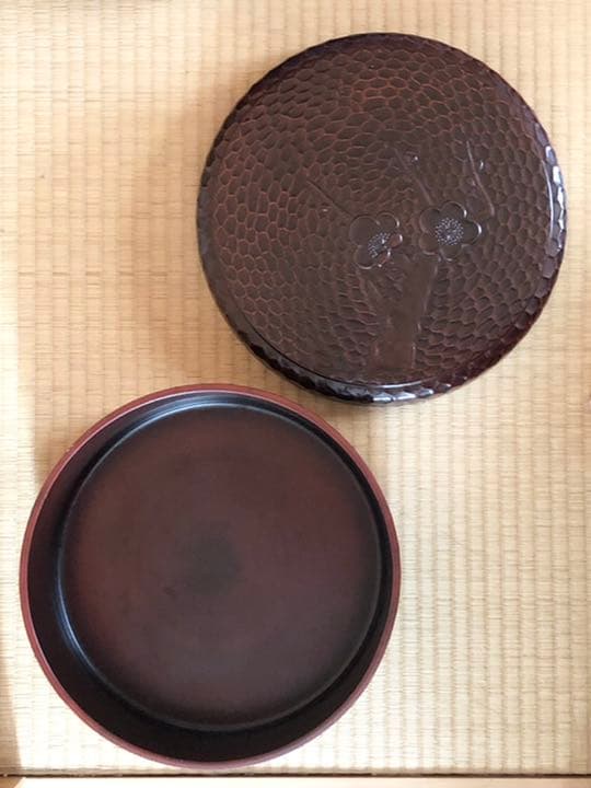 昭和戦前 天然木小物入れ2点 木彫り 花 立体網目模様 艶あり