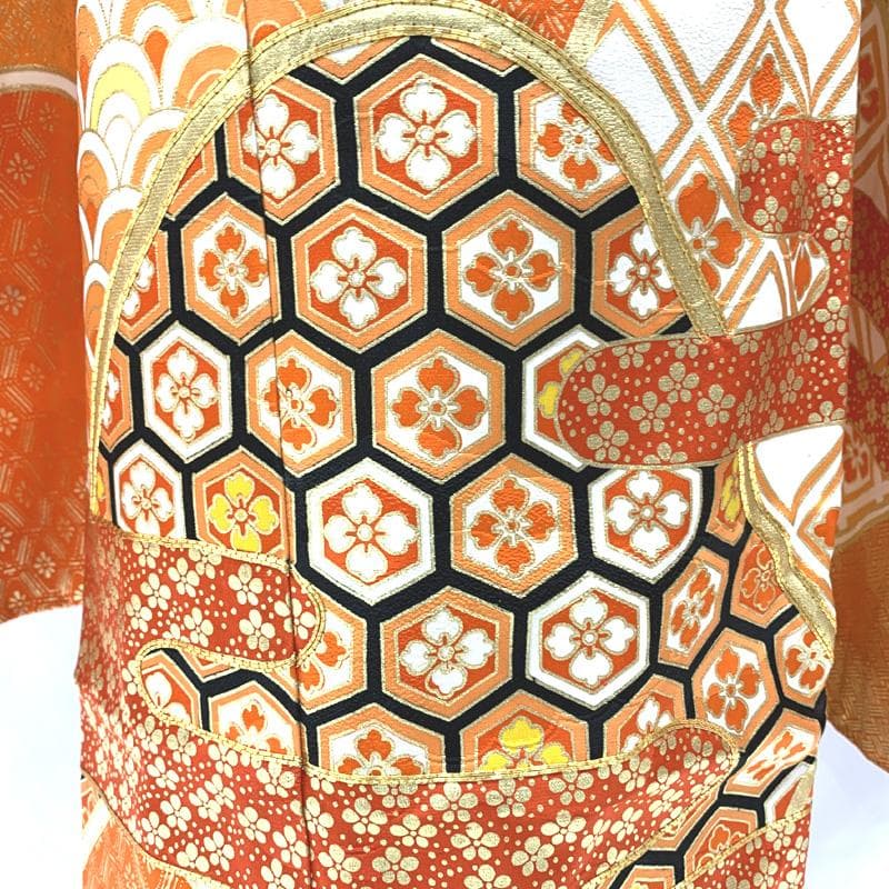 408ag3□七五三 七歳 女児 着物&袋帯 金駒刺繍 霞 青海波文□美品