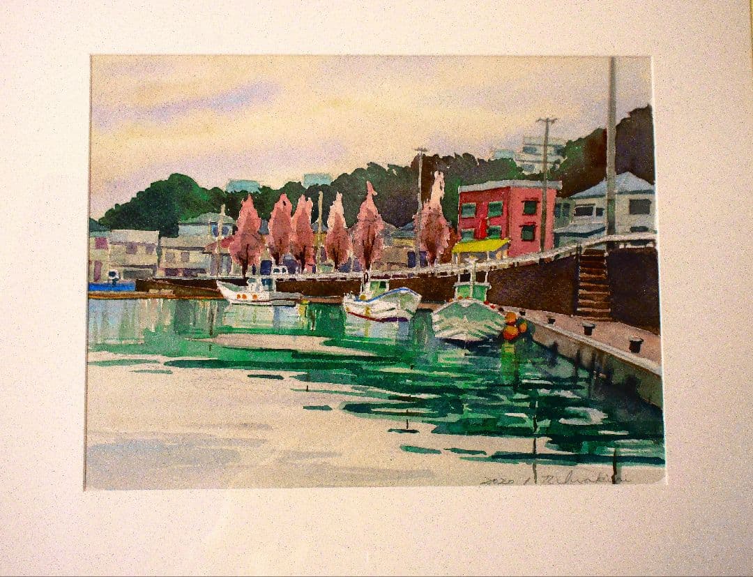 港の風景 水彩画 2020年作 額装済み F6サイズ 原画