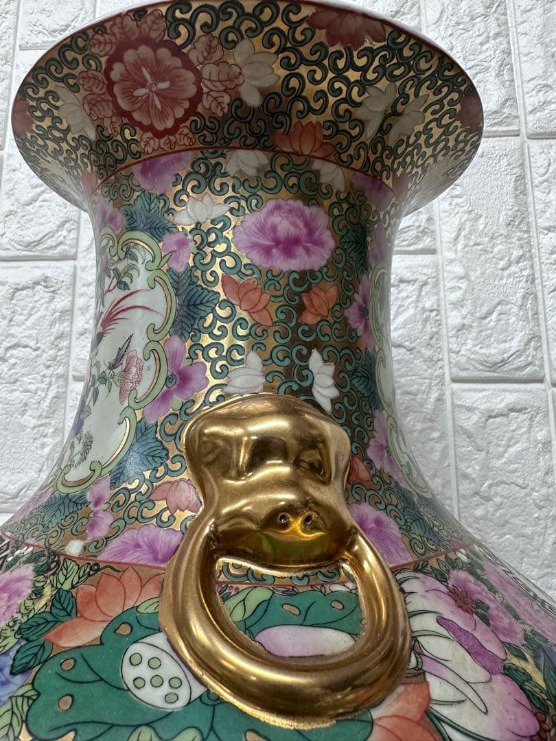 広東絵 粉彩 大花瓶 仕女図 花鳥 46cm 金彩 装飾壺　中国美術