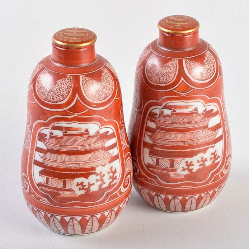 九谷焼　古九谷　赤絵　花鳥文　徳利　在銘　一對　時代箱付　V　R9270