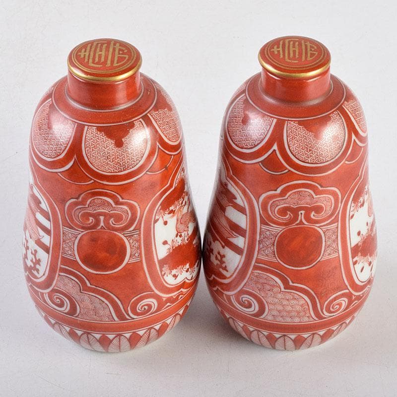 九谷焼　古九谷　赤絵　花鳥文　徳利　在銘　一對　時代箱付　V　R9270