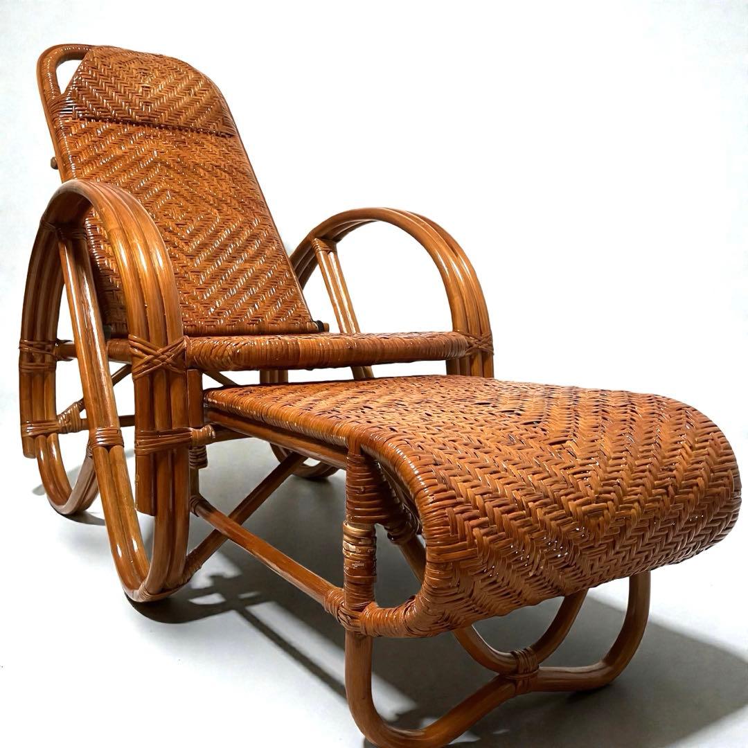 良品】ラタン製 リクライニングチェア 1人掛けソファー 籐家具 昭和