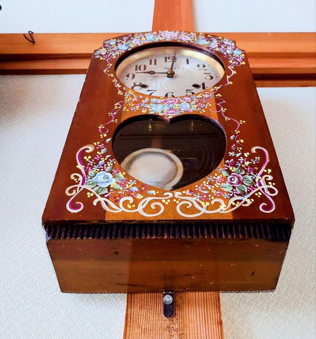 〈完動・美品〉ローヤル時計一点物特注品　ハート型面取り硝子ゼンマイ振り子掛け時計