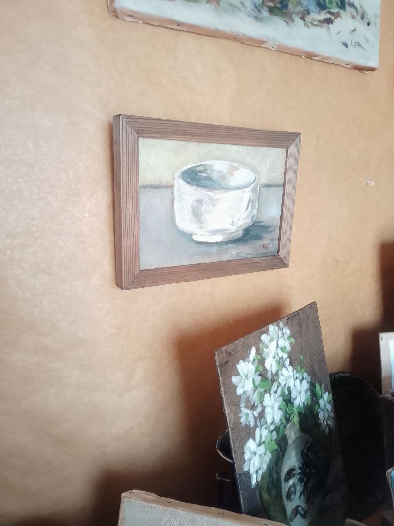 茶碗。油彩画。 白い陶器の絵。26x19