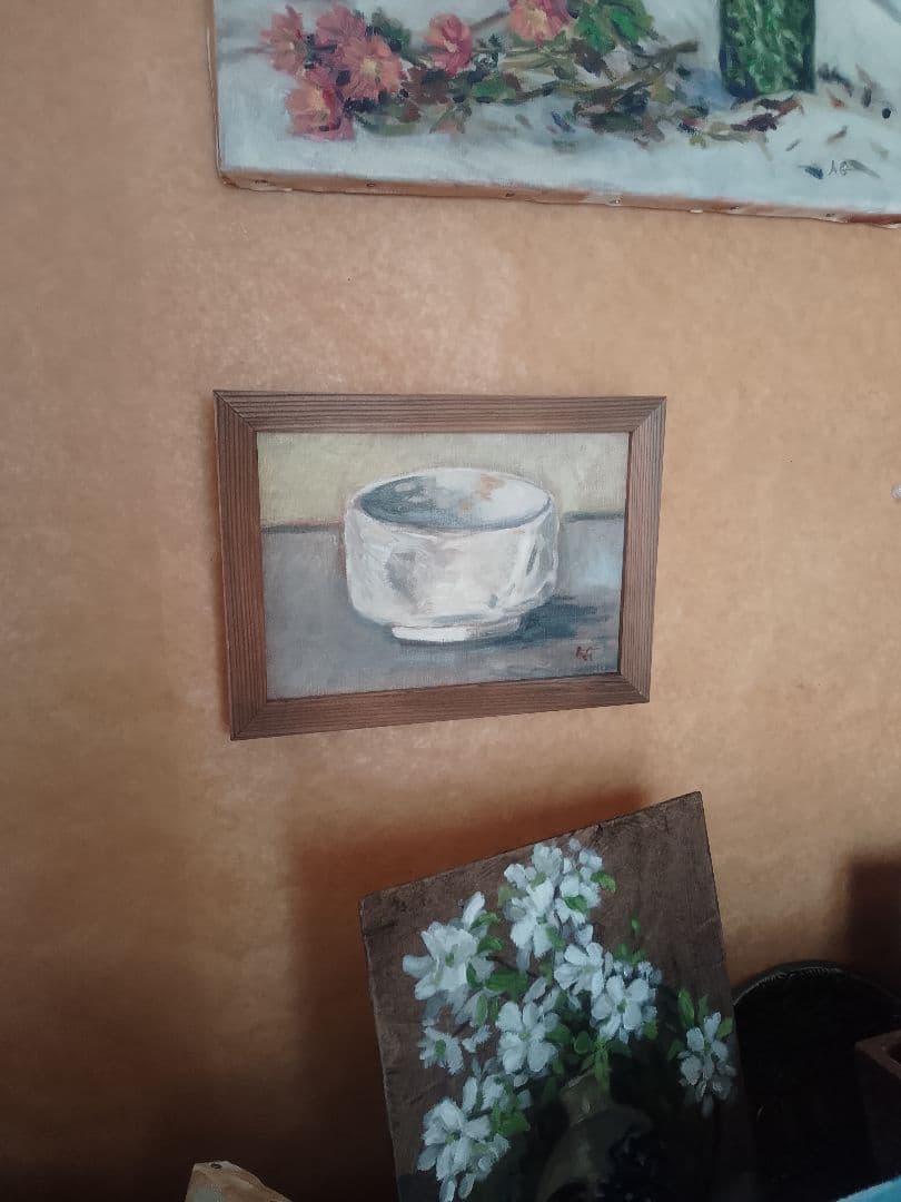 茶碗。油彩画。 白い陶器の絵。26x19