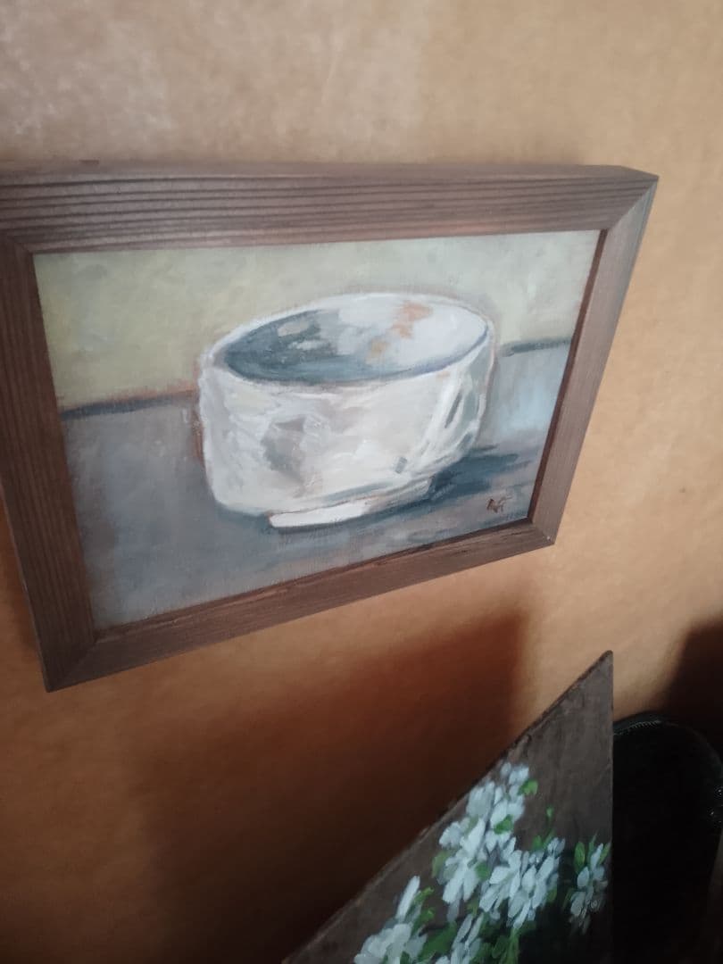 茶碗。油彩画。 白い陶器の絵。26x19