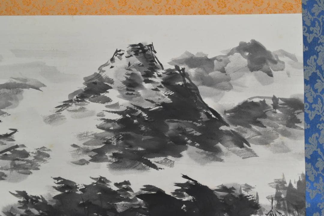 【真作】豊島米圃/山景帆舟図/山水帆舟図/横物/掛軸☆宝船☆AA-968