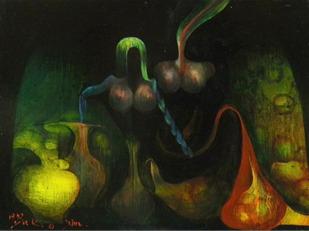 ■本物保証　『今村　幸生』油彩３号　壺の女　元独立会員　シュール鬼才