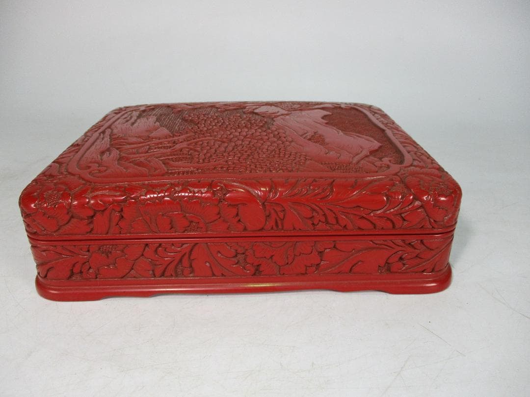 堆朱　漆器　山水図　文庫　文箱　硯箱　木製　緻密彫刻　文房具　中国美術　時代物