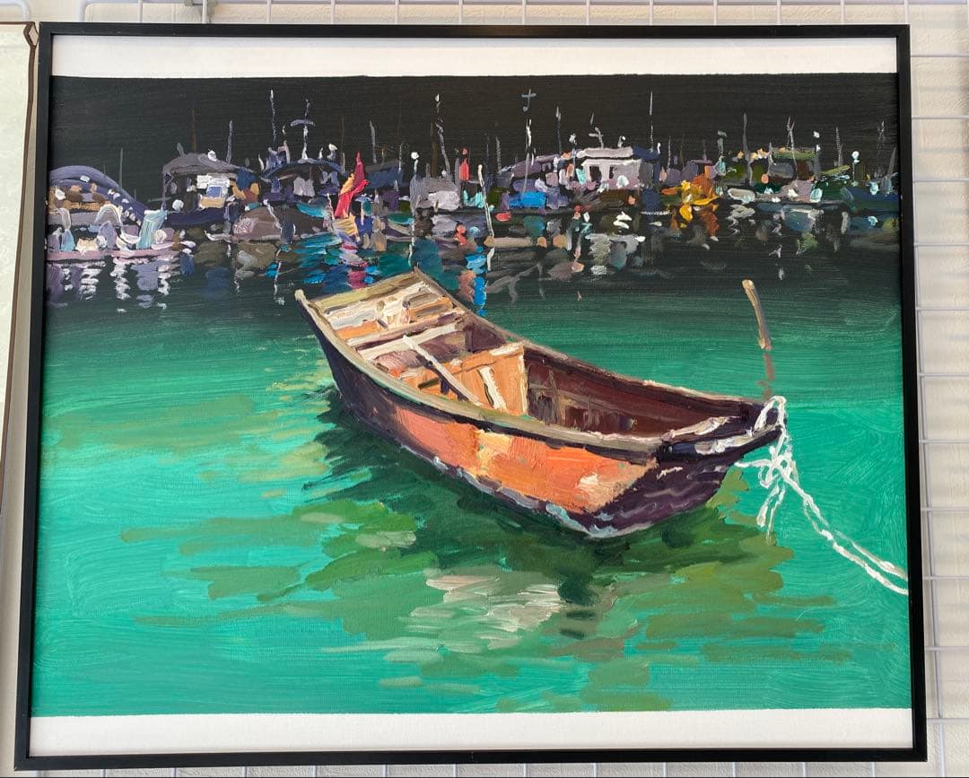 ボートと港の風景画 油彩 ボートと港の風景画 油彩 真作】絵画 油彩10号 伊東港 停泊する船の