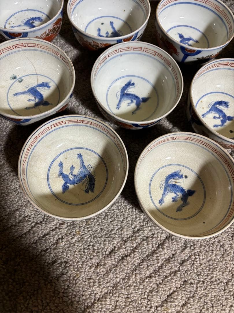 古伊万里色絵金彩蓋茶碗 江戸〜明治期 蓋付き御茶碗 麒麟 銘あり 染付