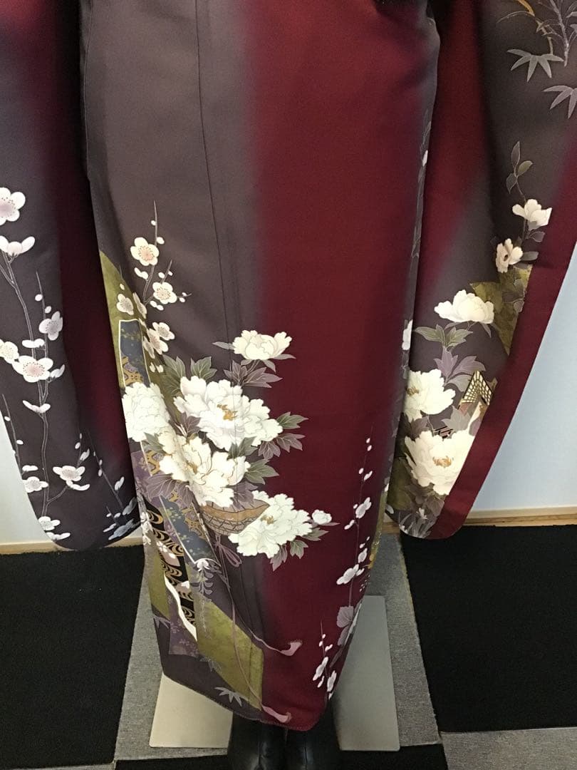 振袖セット 赤 エンジ 牡丹花 金彩 振袖6点セット 正絹 成人式 卒業式