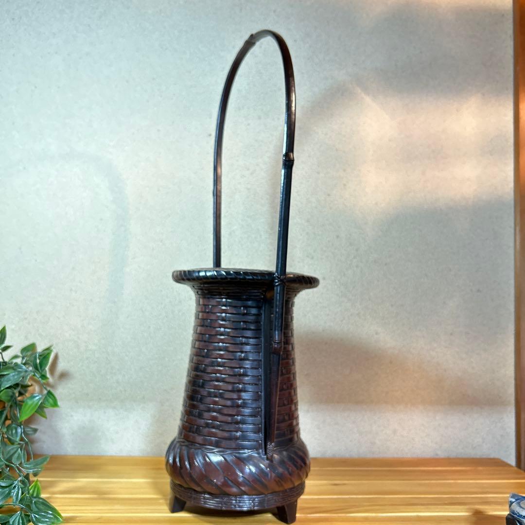 高岡鋳物　網代花器　瑞峰作　鋳金製　　　　華道・池坊　長期保管品