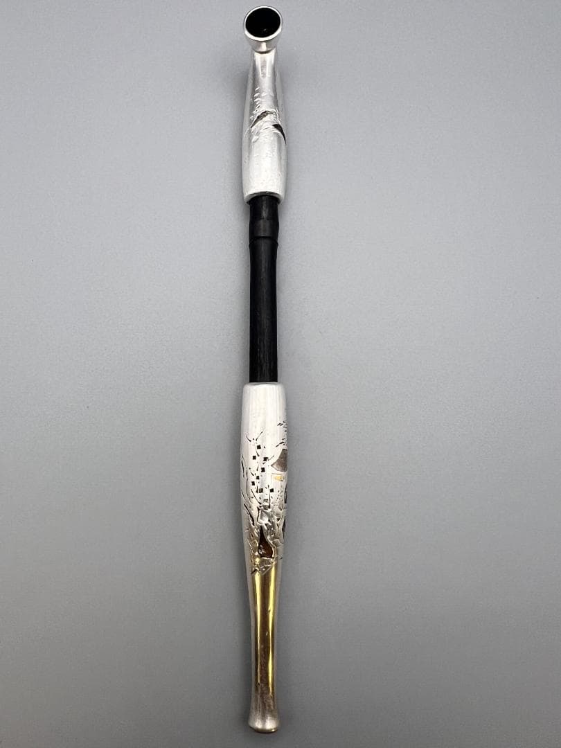 銀製 キセル 煙管 在銘 風景図 赤銅金象嵌 銀細工 アンティーク 重量約