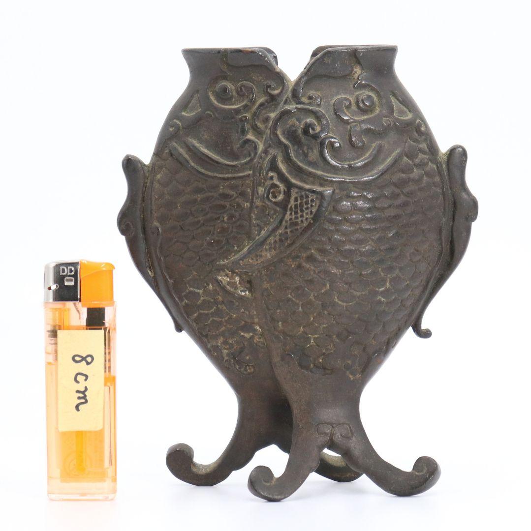 中国 古銅製 双魚花入 花器 花生 魚文 銅器　N64