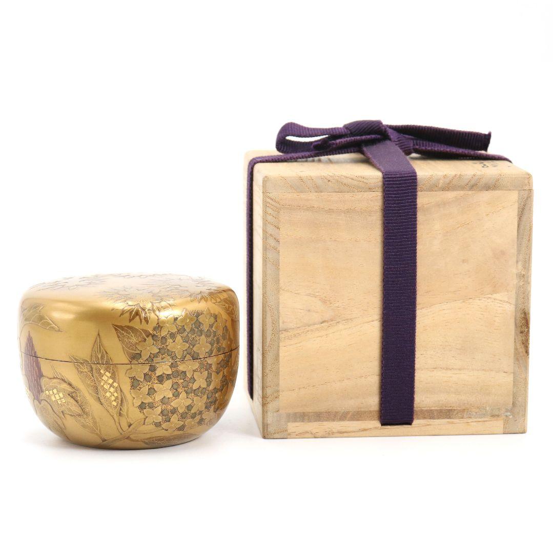 久世宗春作 四季草花 金蒔絵 平棗 内金塗 梨子地 茶道具 共箱　DW947 久世宗春作 四季草花 金蒔絵 平棗 内金塗 梨子地 茶道具 共箱