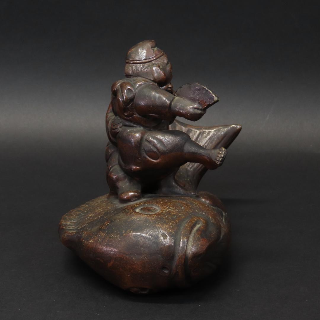 ⭕401 江戸時代末期 古備前焼 珍品 鯛に乗る恵比寿大黒様 高さ14cm
