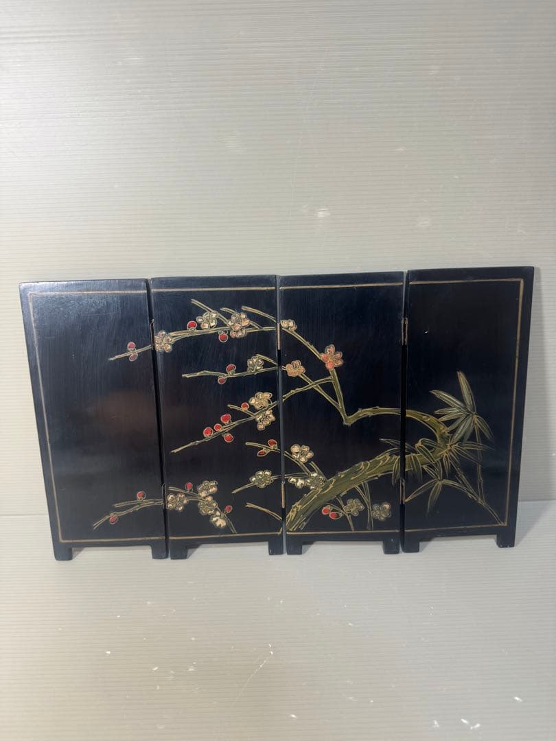 2540 時代物 螺鈿漆器 屏風 両面屏風 人物 梅文　細密細工