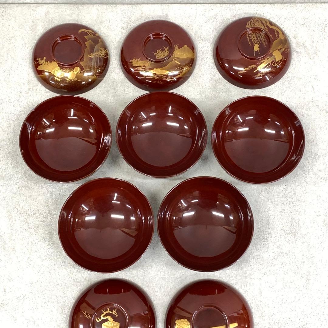 吸物椀 5客 絵変わり 塗り 溜絵 正月 賀正 金彩 汁椀 雑煮 A