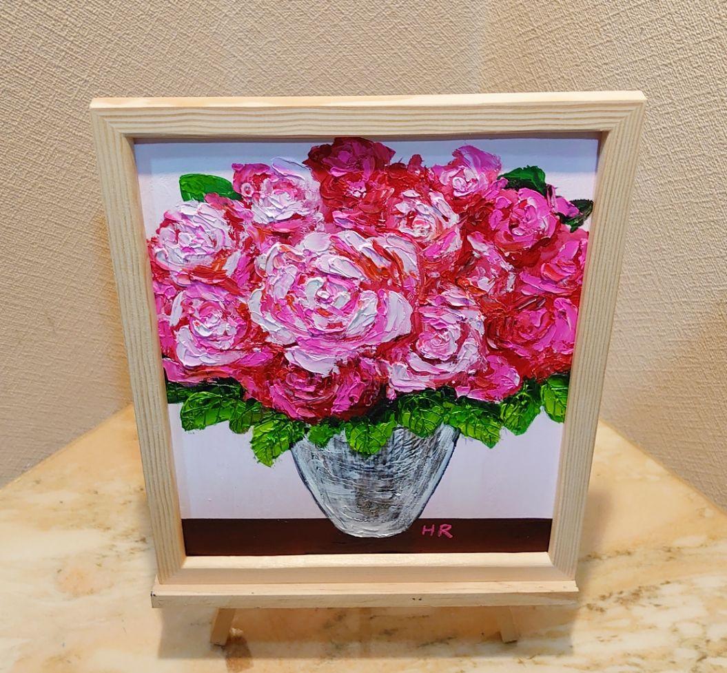 油絵 絵画【ピンク薔薇】【Ａ4】