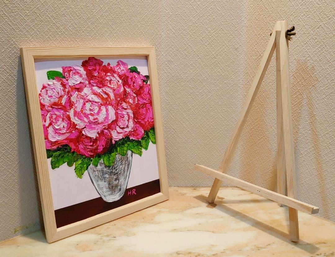 油絵 絵画【ピンク薔薇】【Ａ4】