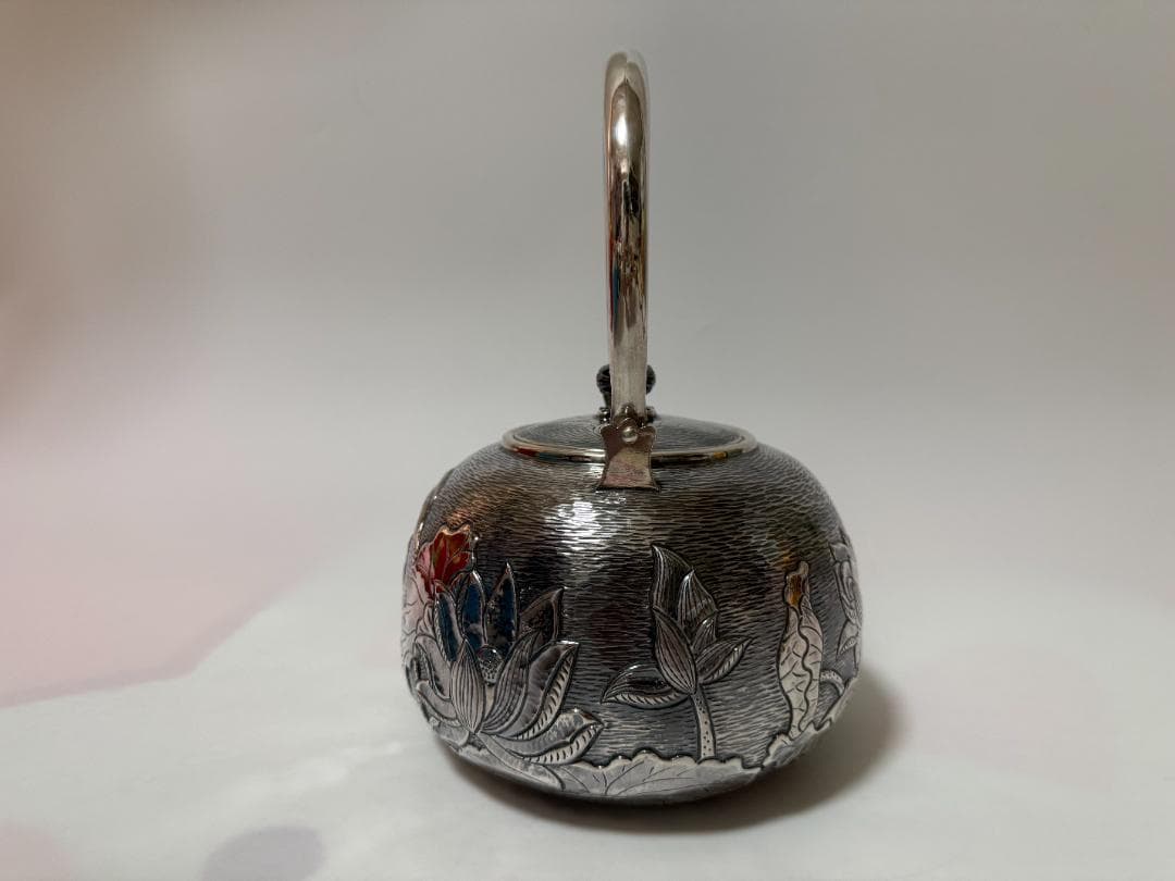 極上純銀製 蓮文様 高工芸 湯沸 銀瓶 煎茶道具 重量1389g