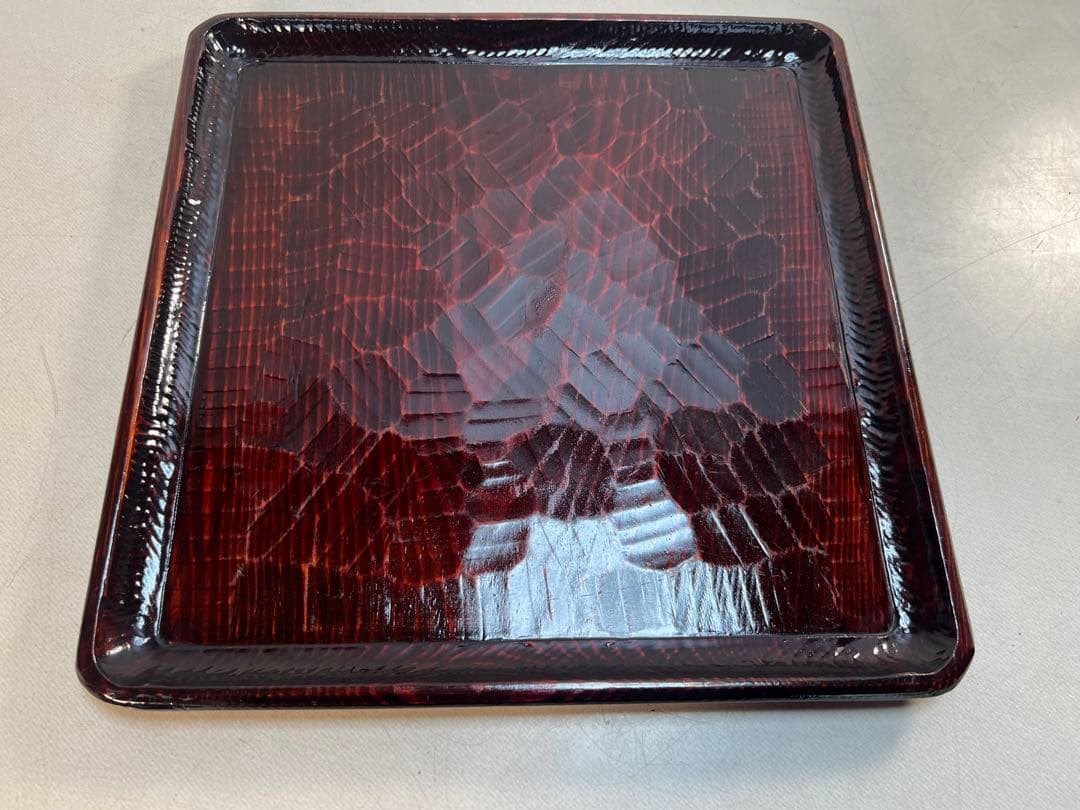 アンティーク讃岐彫古い松材のくり貫き角盆(四方盆)5枚セット①