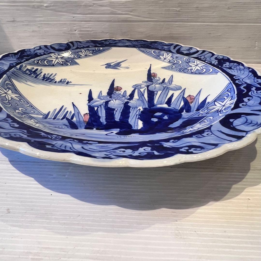 古伊万里(藍九谷様式)染付大皿 鳥に竹文 窓絵宝珠図