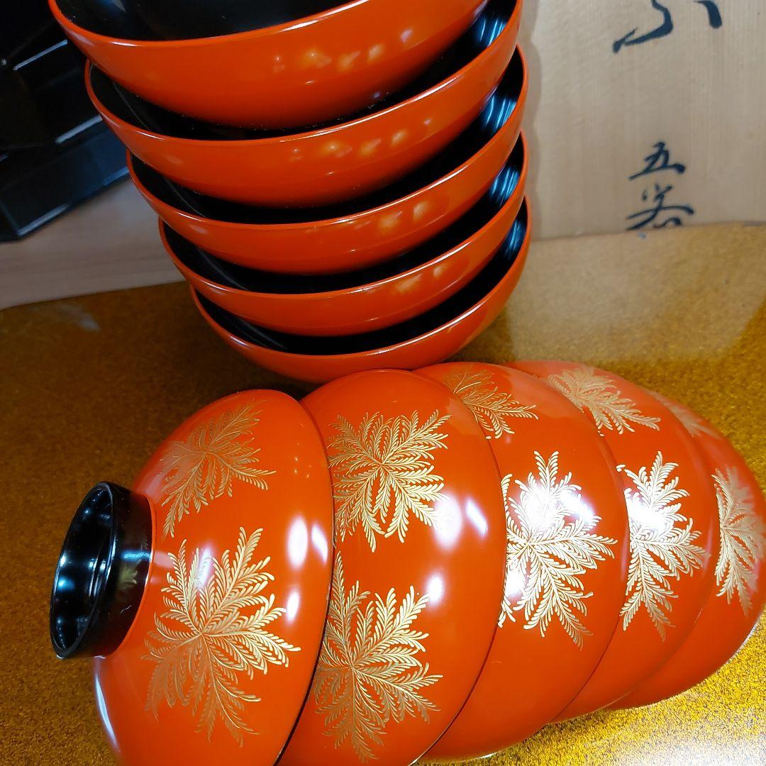 輪島塗忍沈金朱赤多用椀五客