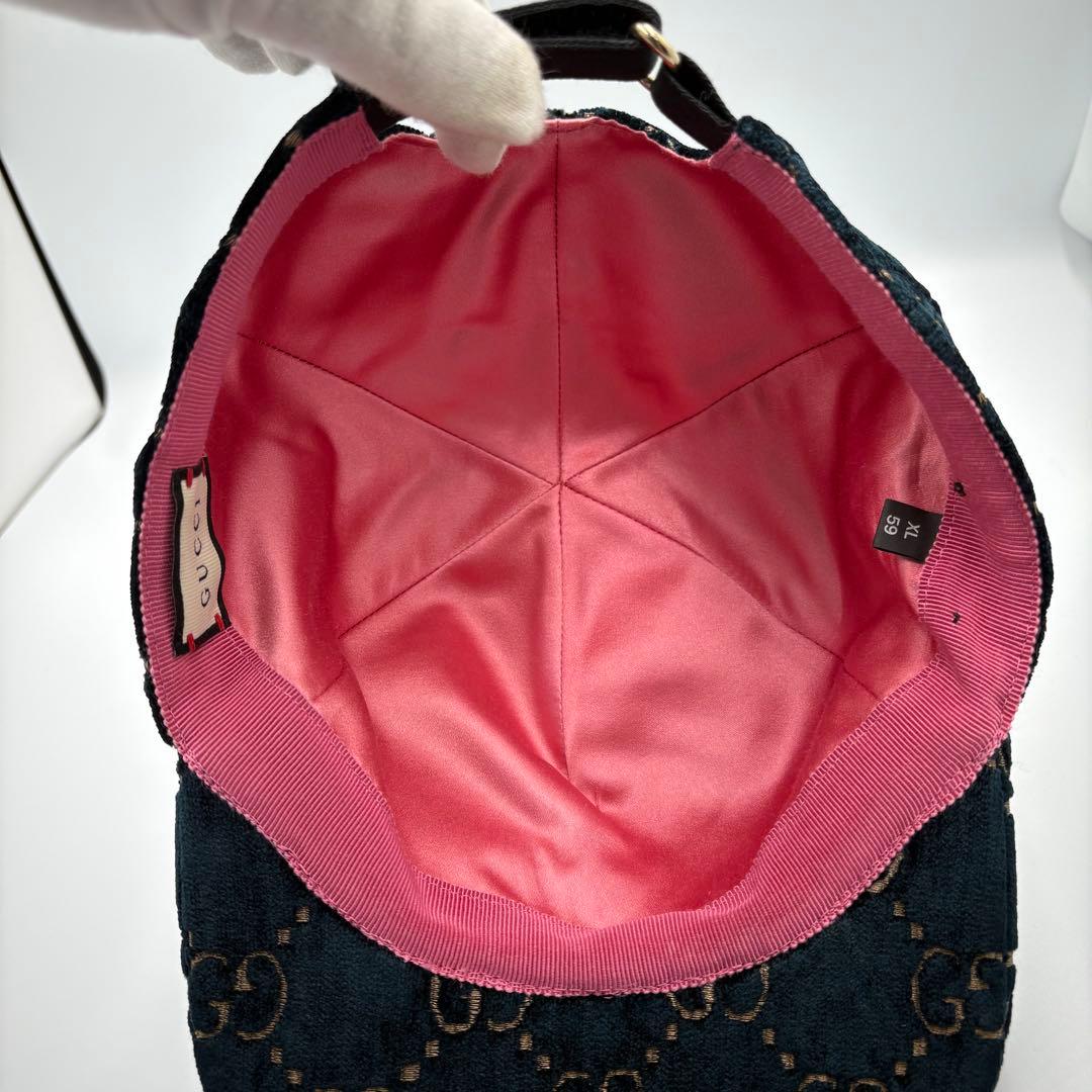 美品】【希少XL】グッチ キャップ ベルベット ターコイズ GG柄