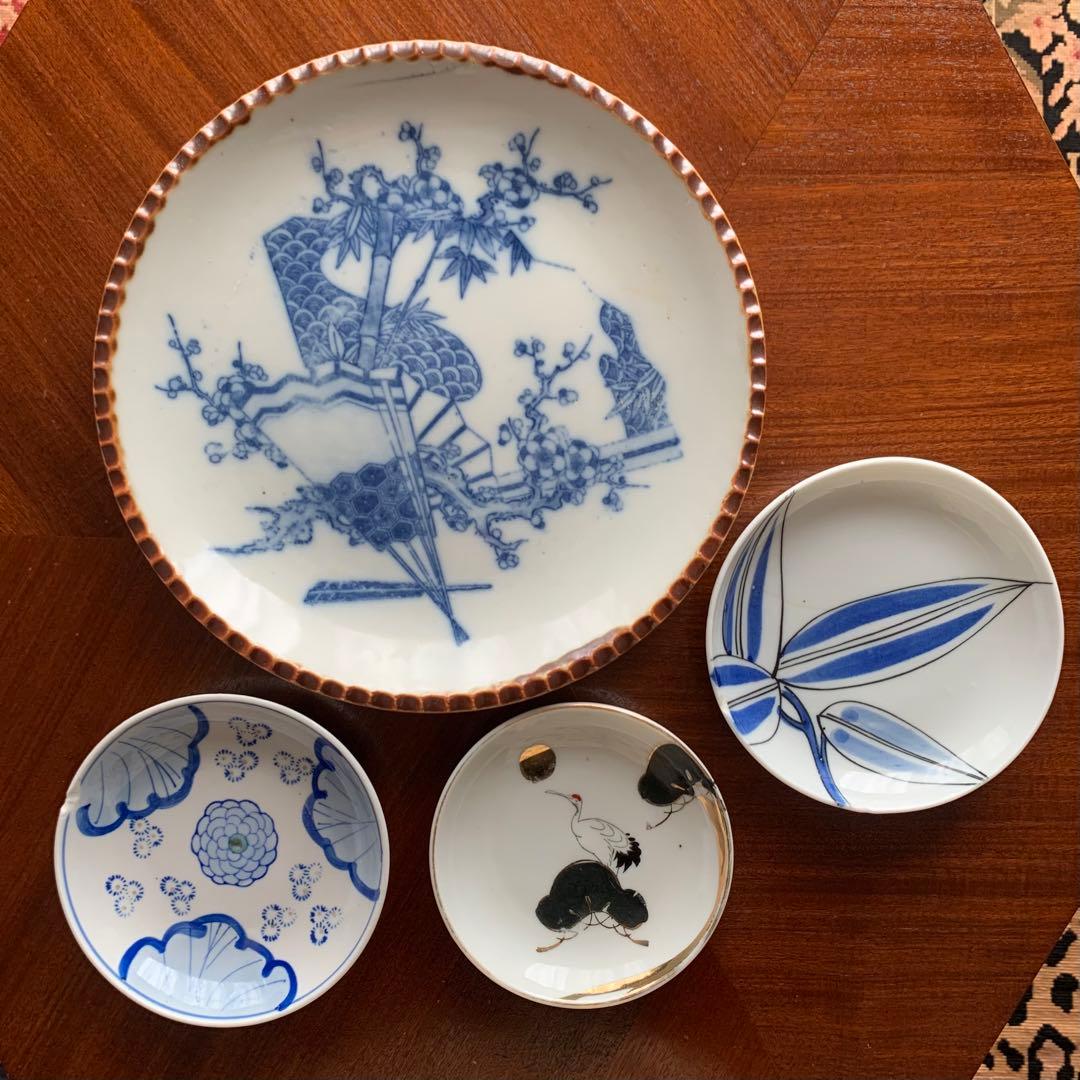 金継ぎに 古伊万里 イゲ皿 印判 金彩 骨董 アンティーク レトロ 花鳥